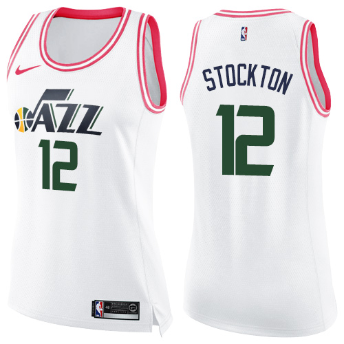 Nike Jazz #12 John Stockton White/Pink Women's NBA Swingman Fashion Jersey